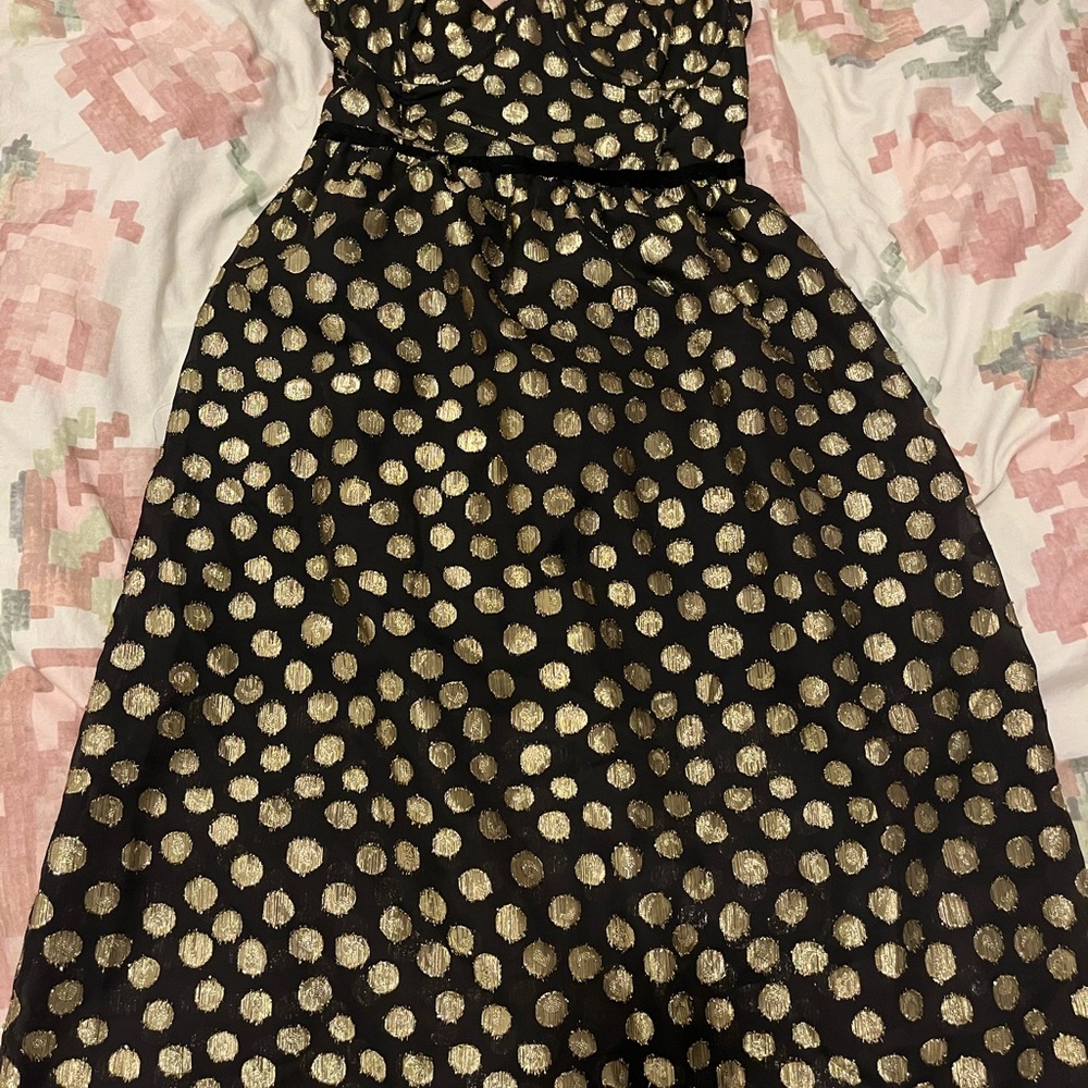 For Love And Lemons Elegant Black and Gold Polka Dot Dress